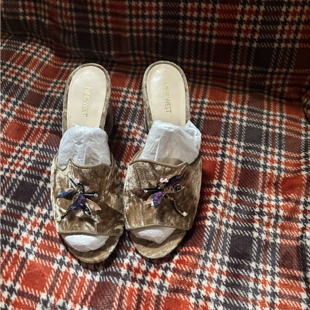 Nine West Gold Velvet Mules with Embellishments great for work or play.